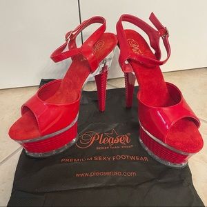 Pleaser Red Patent Illusion 659 Platform Heels 10 New, Never Worn, Ankle Strap